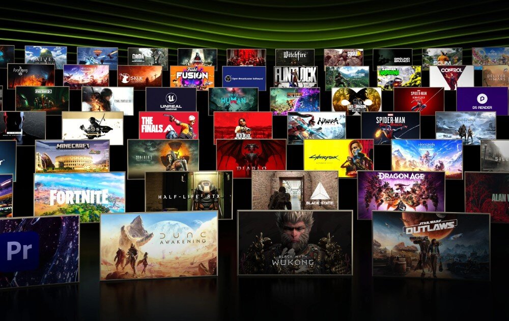 Obraz przedstawia wiele okładek gier komputerowych ułożonych w kilku rzędach, z widocznymi tytułami takimi jak \'Fortnite\', \'Cyberpunk 2077\', \'Spider-Man\' i \'Half-Life RTX\'. Tło jest ciemne z zielonymi liniami na górze.