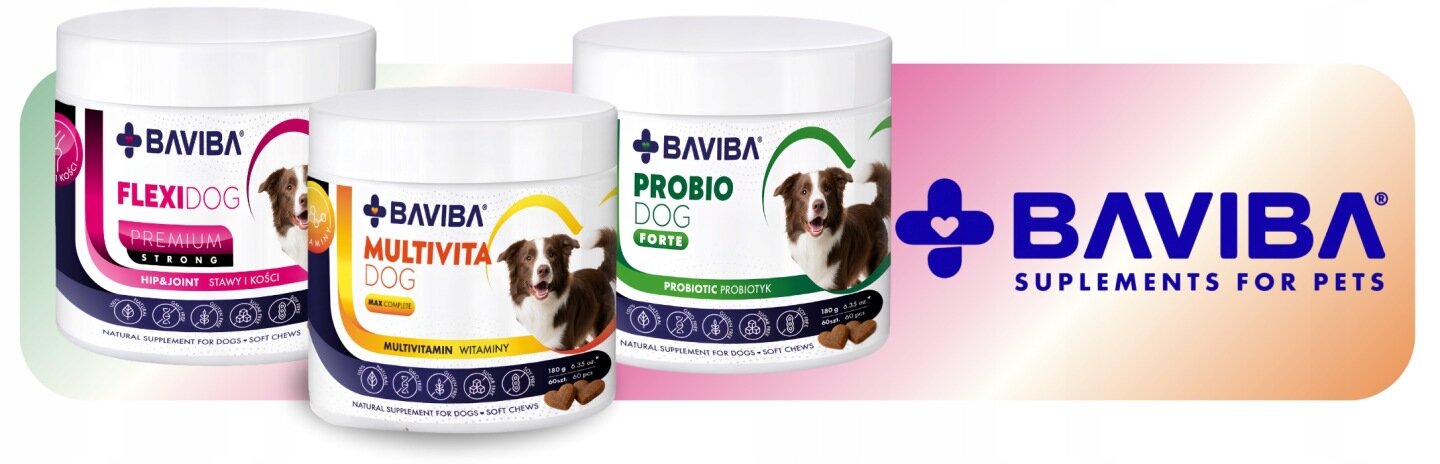 Na obrazie znajdują się trzy opakowania suplementów dla psów marki BAVIBA: Flexi Dog, Multivita Dog i Probio Dog. Obok widoczne jest logo BAVIBA z napisem \'SUPLEMENTS FOR PETS\'.