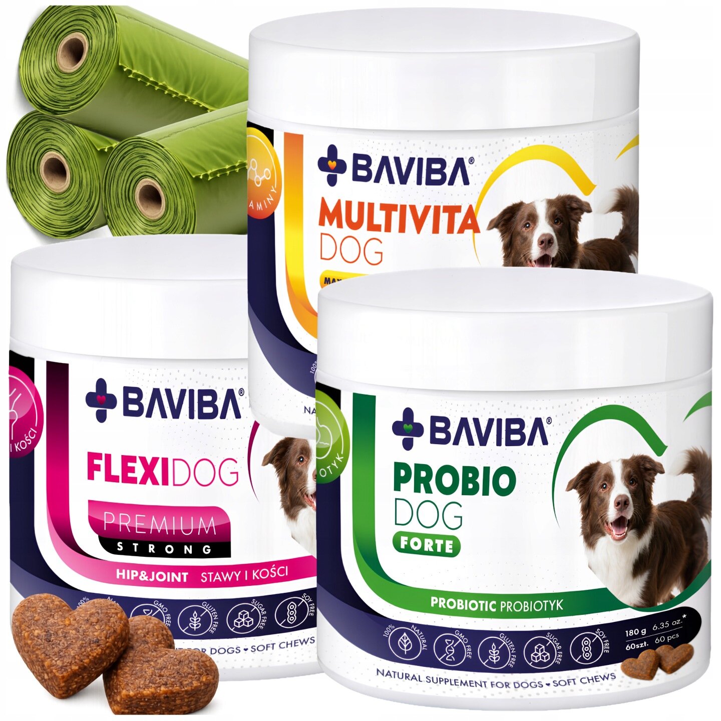 Na obrazie widoczne są trzy opakowania suplementów dla psów marki BAVIBA: MULTIVITA DOG, FLEXIDOG PREMIUM STRONG i PROBIO DOG FORTE. Obok znajdują się zielone rolki, a na opakowaniach widnieją zdjęcia psów oraz ikony związane z suplementami.
