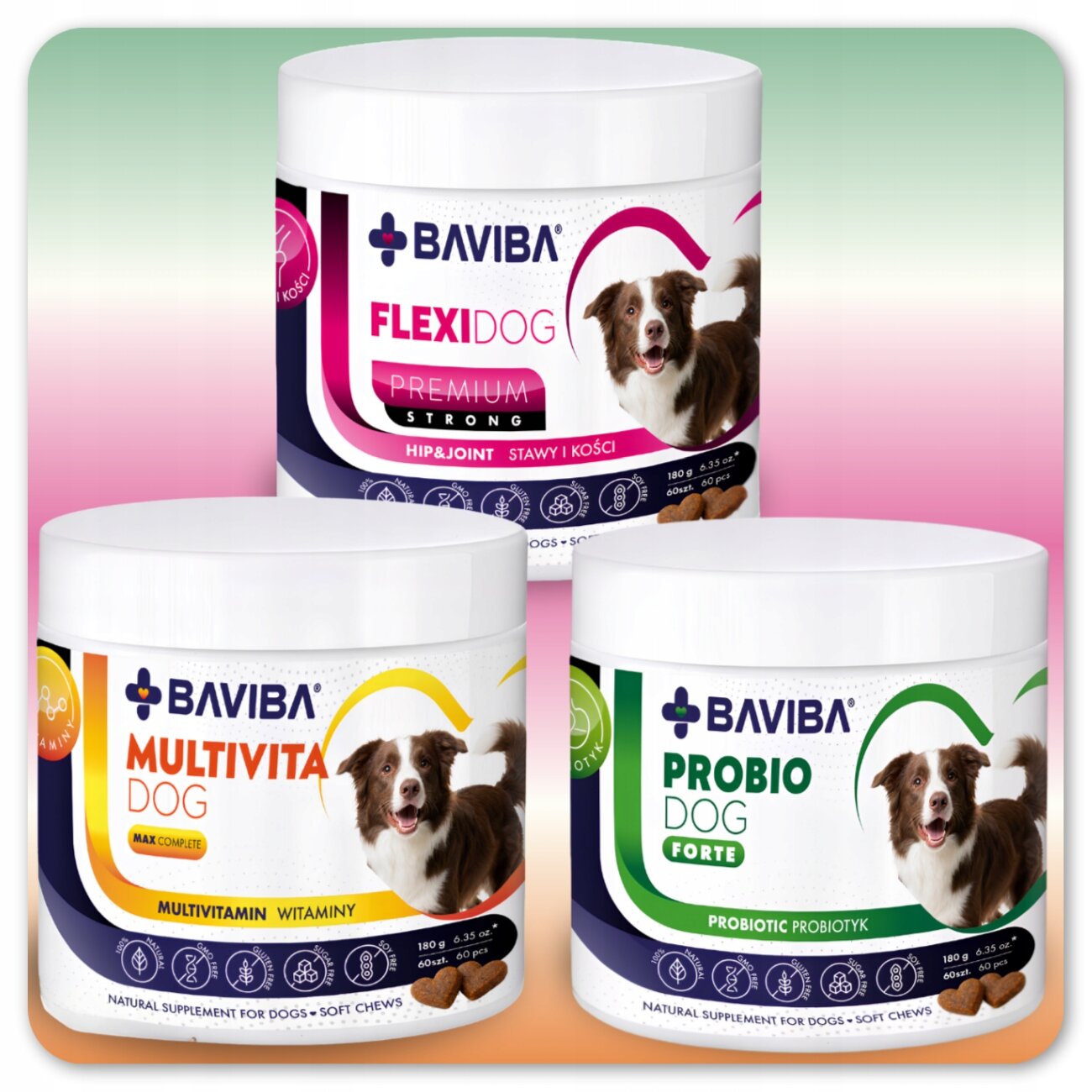 Na obrazie widoczne są trzy opakowania suplementów dla psów marki BAVIBA: FLEXIDOG, MULTIVITA DOG i PROBIO DOG. Każde opakowanie ma etykietę z wizerunkiem psa i informacjami o produkcie.
