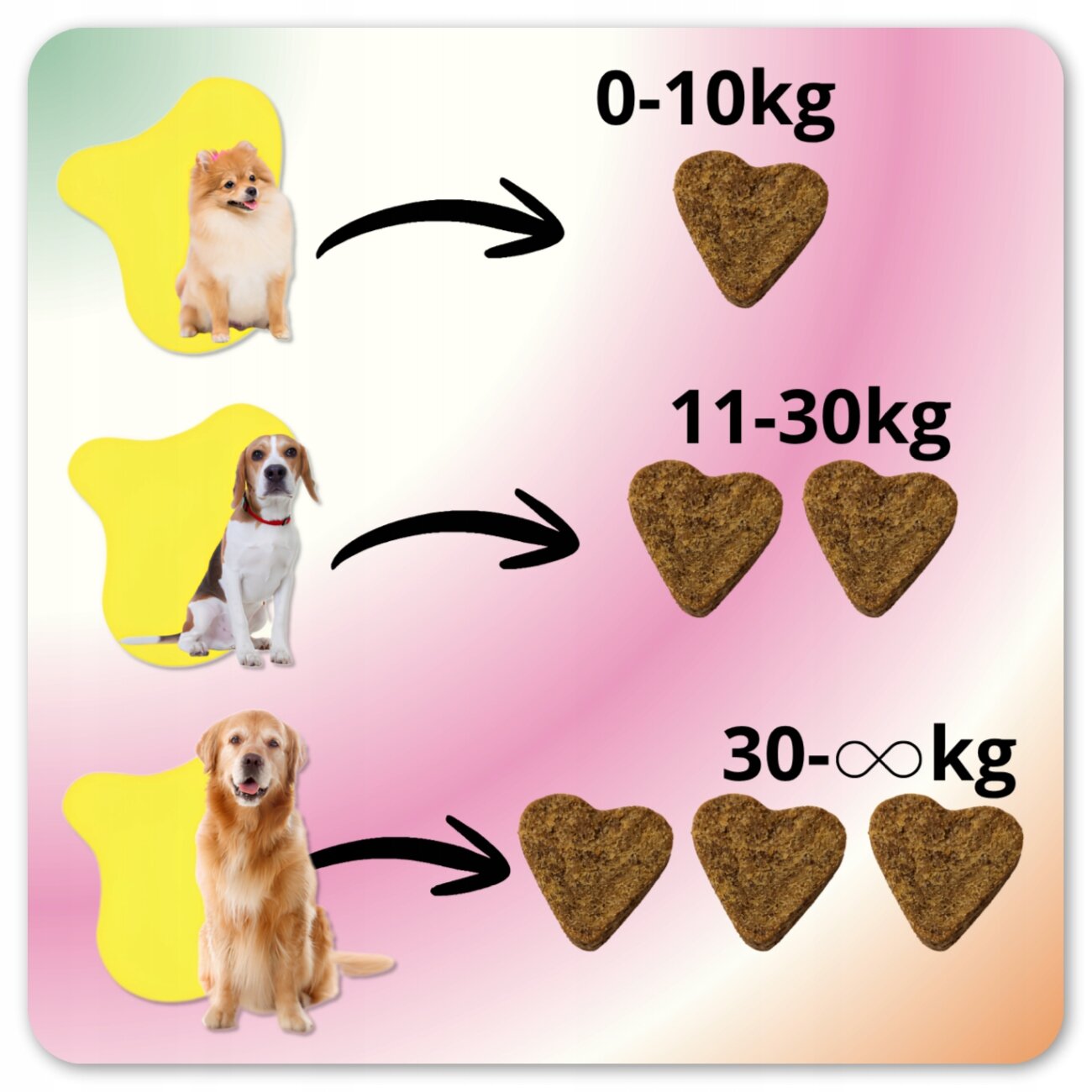 Obraz przedstawia trzy psy różnej wielkości z przypisanymi ilościami sercowatych przysmaków: 0-10kg - jeden przysmak, 11-30kg - dwa przysmaki, 30-∞kg - trzy przysmaki.