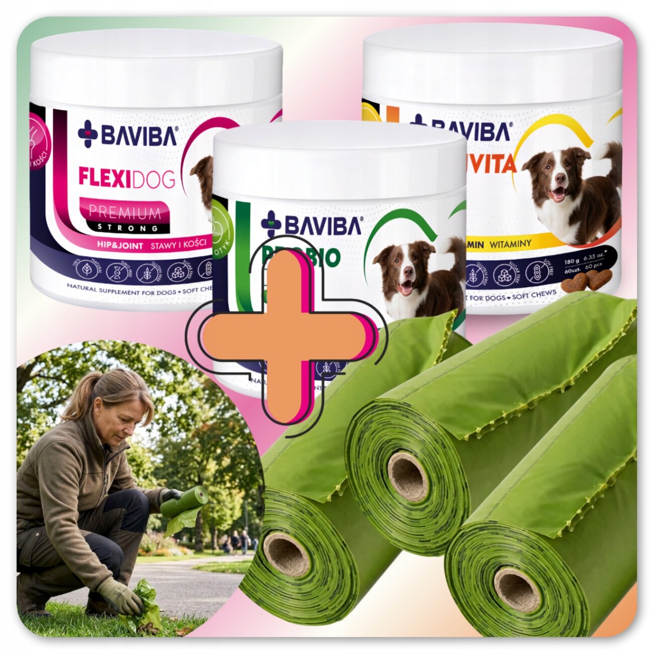 Na obrazie widoczne są trzy opakowania suplementów dla psów marki BAVIBA: ProBio, FlexiDog i Multivita, z wizerunkami psów na etykietach. Obok znajduje się symbol plusa oraz zdjęcie osoby rozwijającej zieloną matę na trawie.