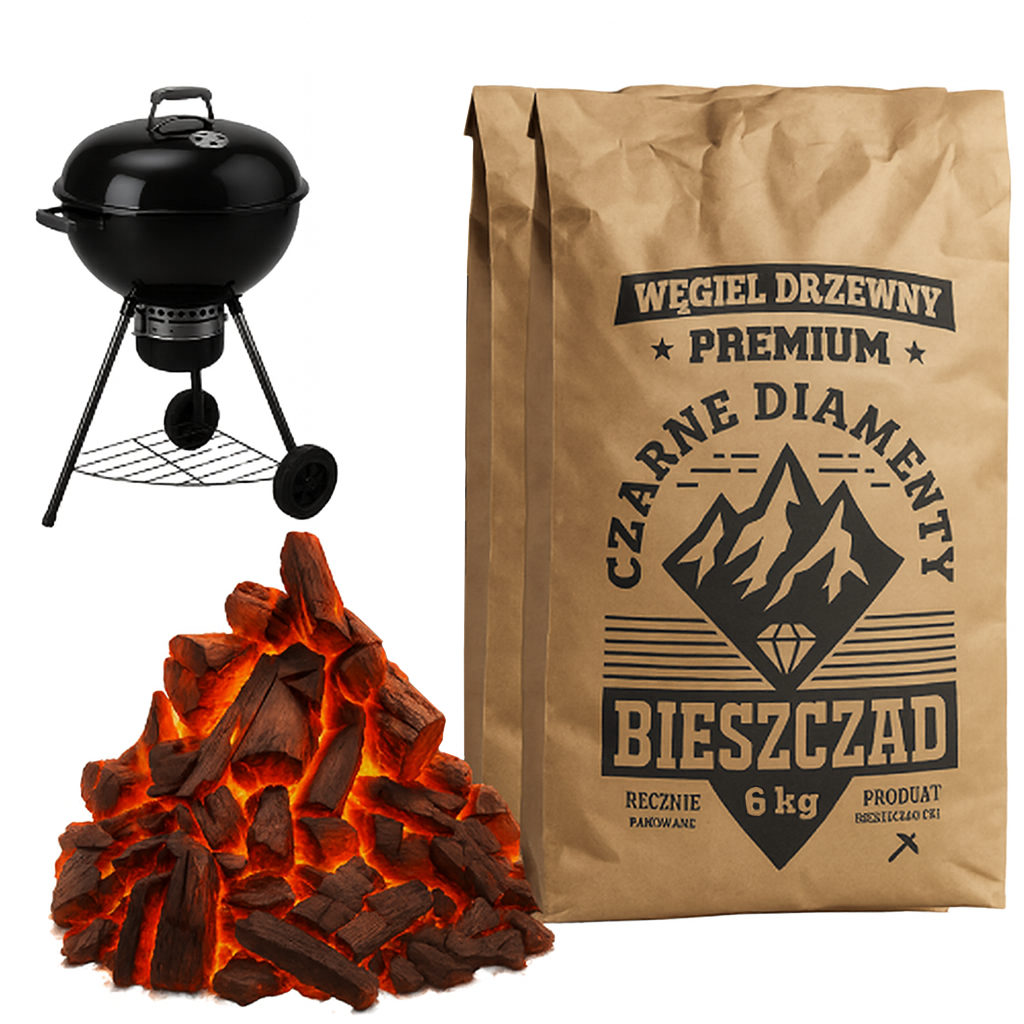 Na obrazie widoczny jest czarny grill kulisty na trzech nogach, stos rozżarzonego węgla oraz brązowy worek z napisem \'Węgiel Drzewny Premium Czarne Diamenty Bieszczad 6 kg\'.