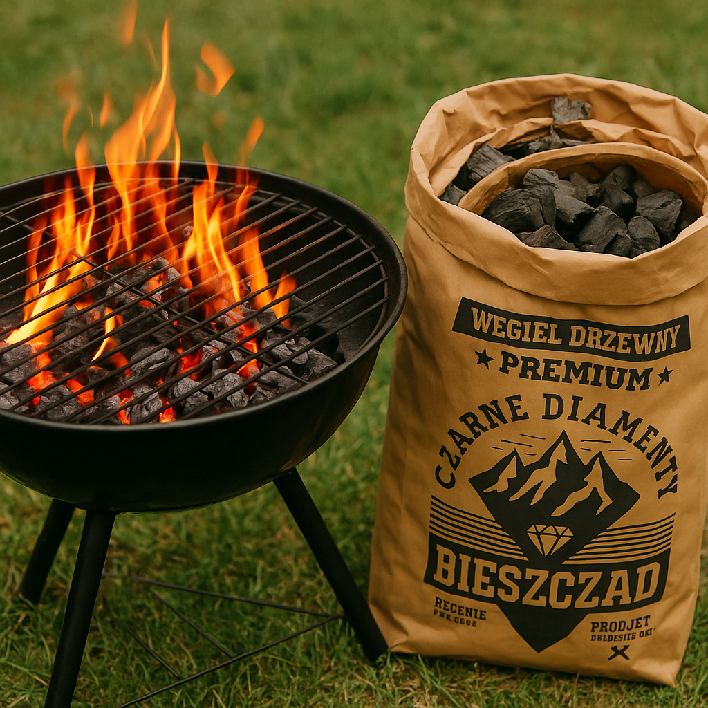 Na obrazie widoczny jest grill z płonącym węglem oraz worek z napisem \'Węgiel Drzewny Premium Czarne Diamenty Bieszczad\'.