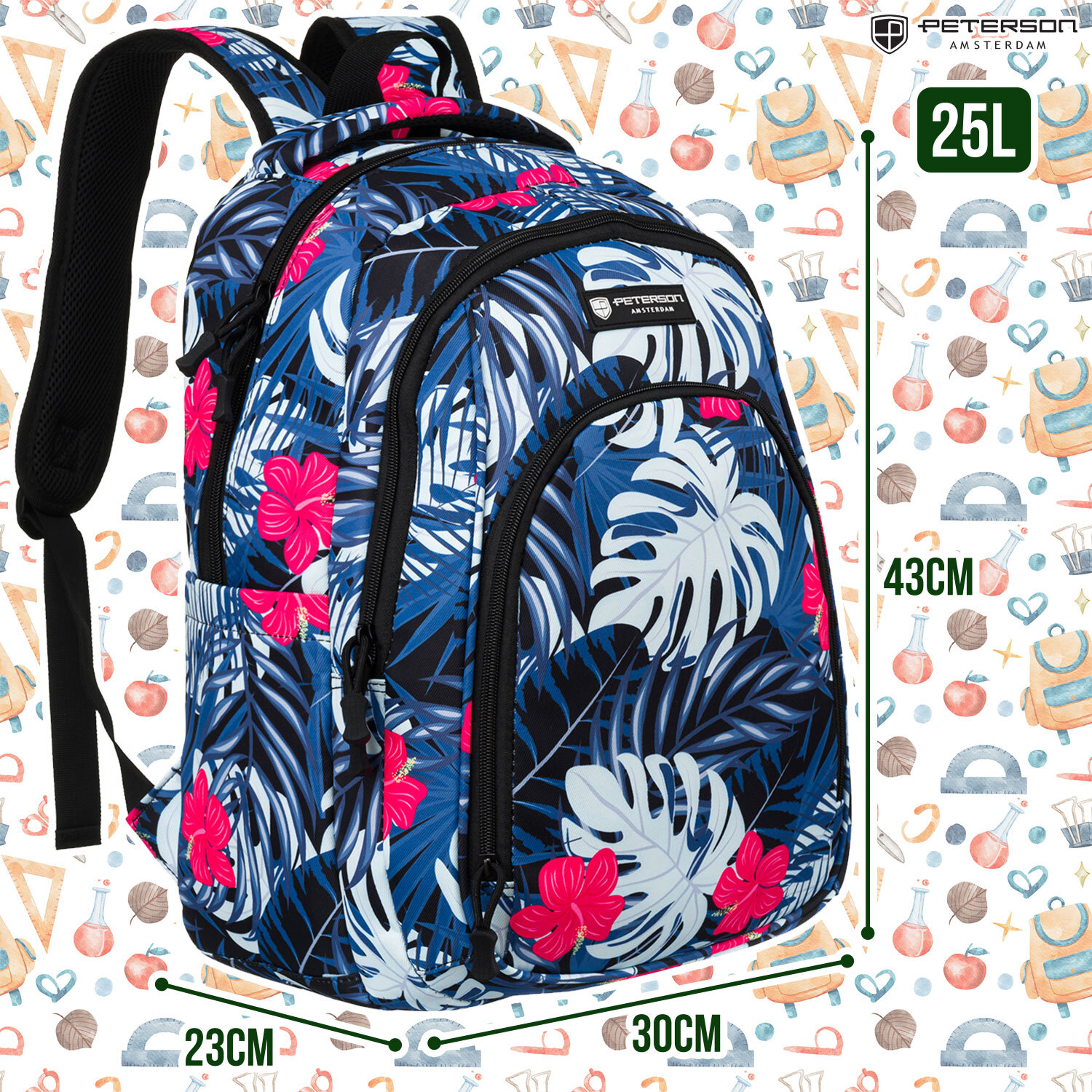 Kolorowy plecak z motywem liści i kwiatów, z logo \'PETERSON AMSTERDAM\' oraz oznaczeniami wymiarów: 25L, 43CM, 30CM, 23CM. Tło zawiera różnorodne ikony związane z edukacją i sportem.