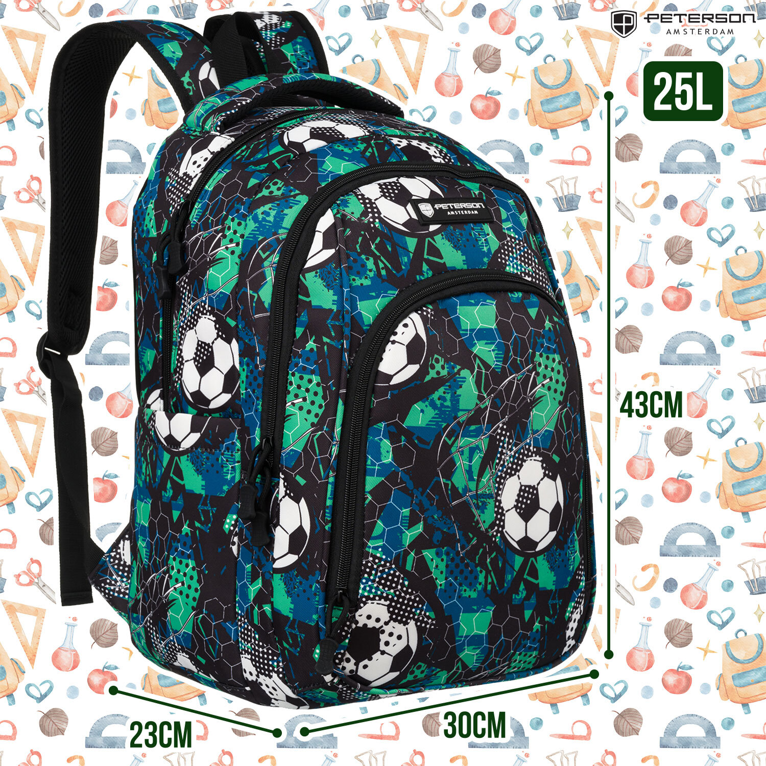 Plecak z motywem piłki nożnej, w kolorach zielonym, czarnym i białym, z logo \'Peterson Amsterdam\'. Wymiary plecaka to 43 cm wysokości, 30 cm szerokości i 23 cm głębokości, pojemność 25L.