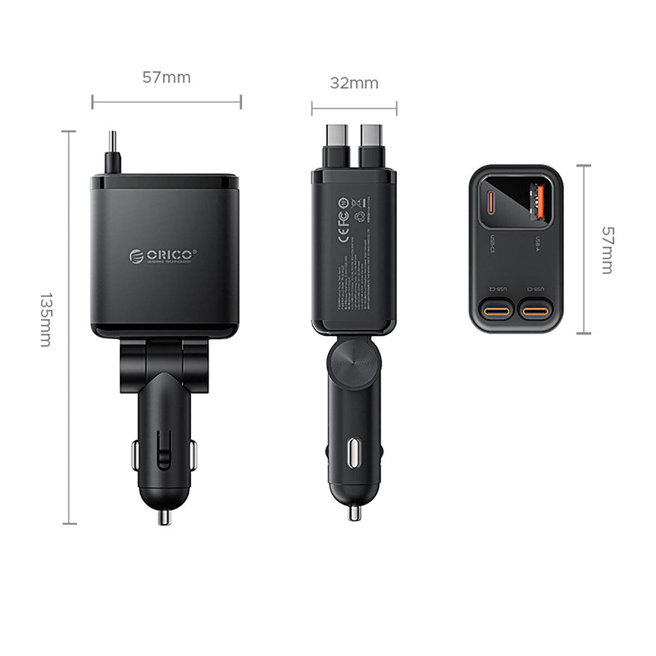 Czarna ładowarka samochodowa Orico z dwoma zwijanymi kablami USB-C, posiada wymiary 135mm x 57mm x 32mm. Widoczne są dwa porty USB-A i USB-C oraz logo Orico na obudowie.