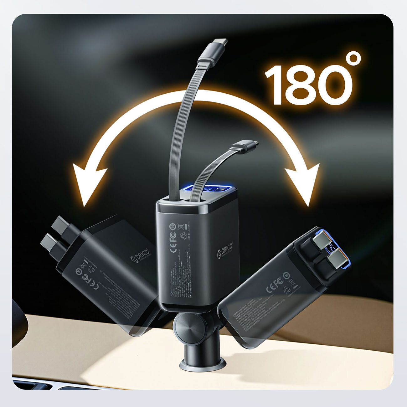 Czarna ładowarka samochodowa Orico z dwoma zwijanymi kablami USB-C, pokazana w trzech pozycjach obrotu o 180 stopni. Na ładowarce widoczne są oznaczenia CE i logo Orico.