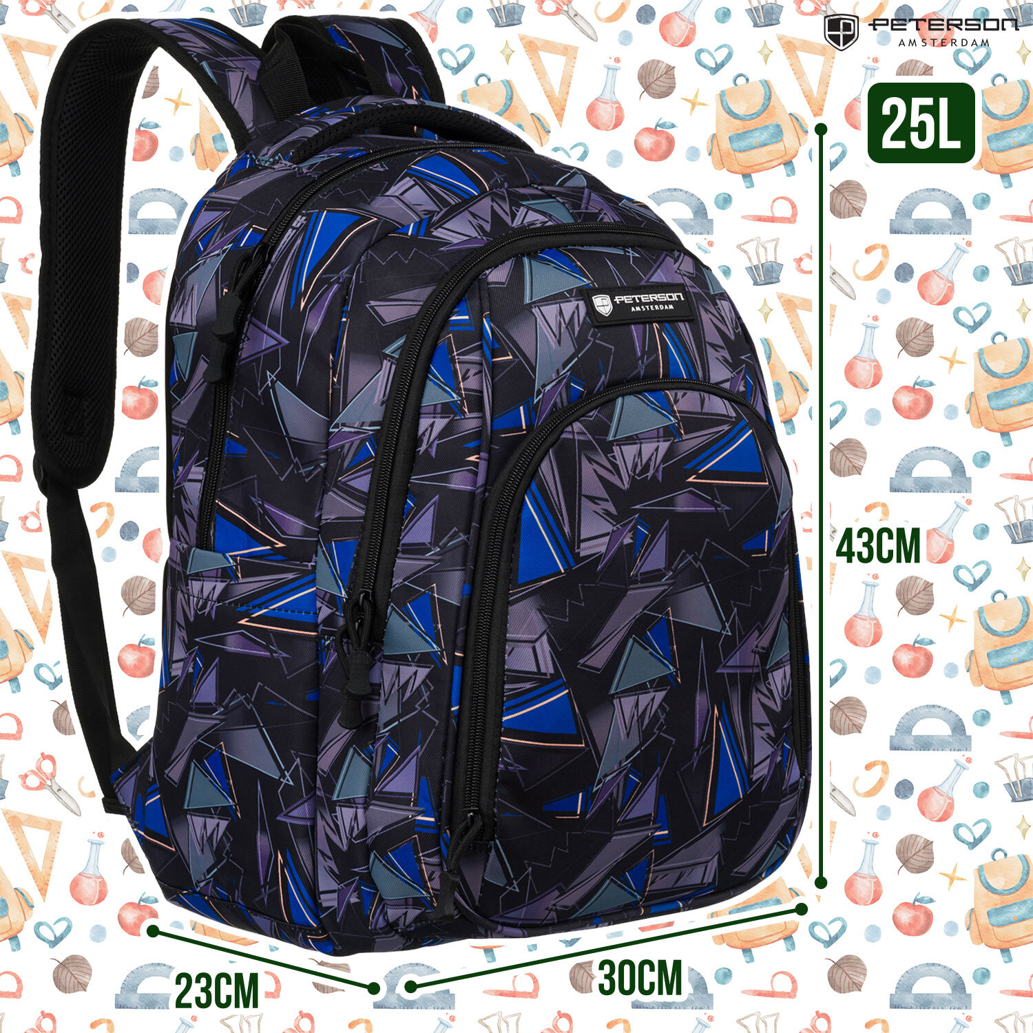 Plecak szkolny z geometrycznym wzorem w odcieniach niebieskiego i czarnego, z logo \'Peterson Amsterdam\'. Wymiary plecaka to 43 cm wysokości, 30 cm szerokości i 23 cm głębokości, a jego pojemność wynosi 25L.