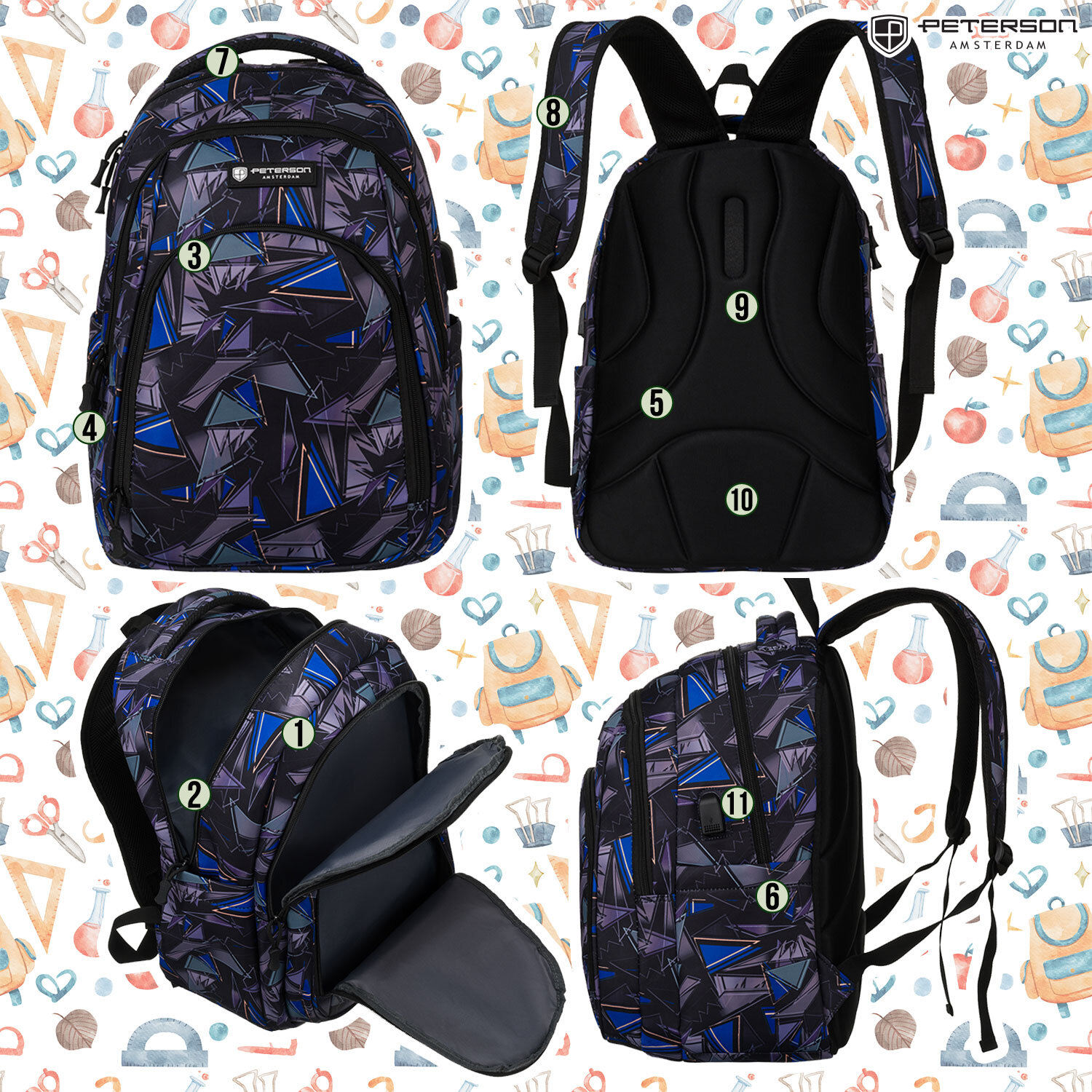 Plecak szkolny z geometrycznym wzorem w odcieniach czerni, niebieskiego i fioletu, posiada kilka kieszeni i regulowane szelki. Logo \'Peterson Amsterdam\' widoczne na górnej części plecaka.