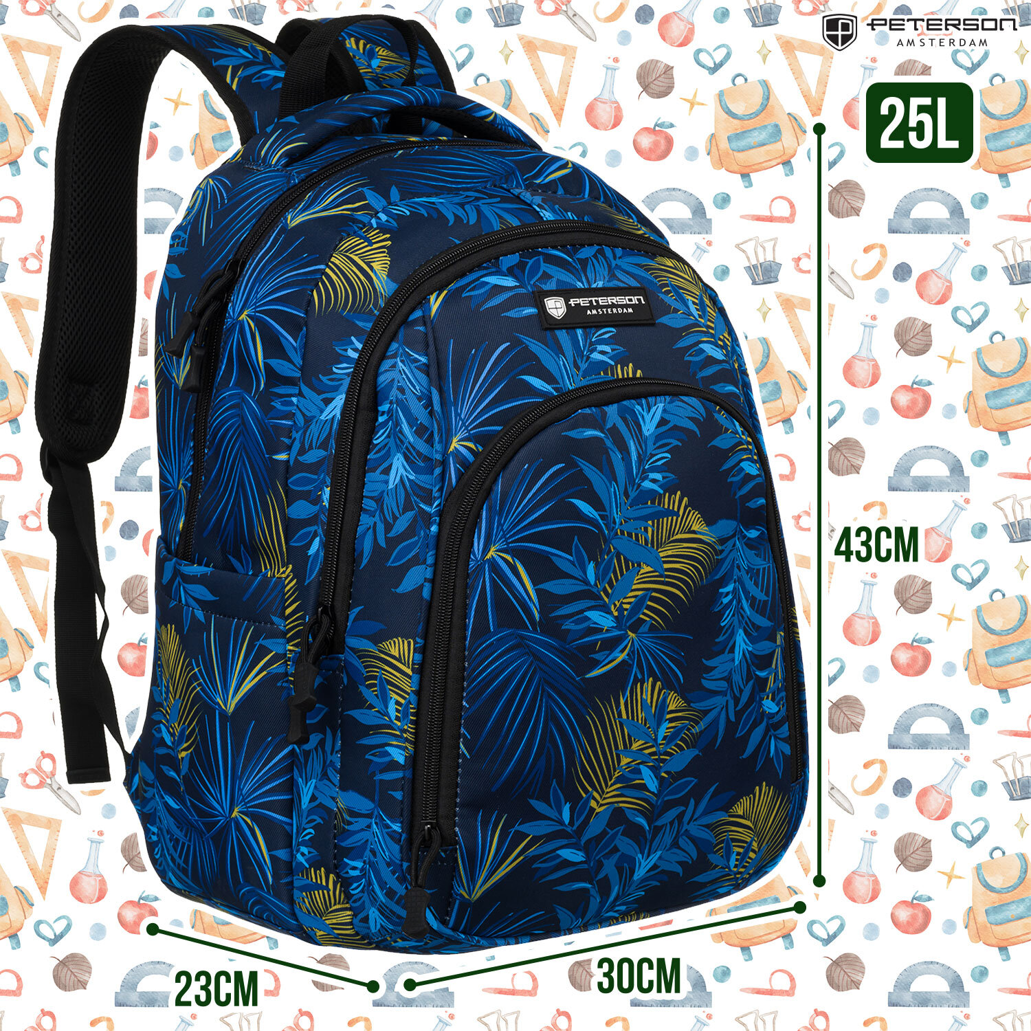 Plecak o wzorzystym designie z motywem liści w kolorach niebieskim i żółtym, z logo \'Peterson Amsterdam\'. Wymiary plecaka to 43 cm wysokości, 30 cm szerokości i 23 cm głębokości, a jego pojemność wynosi 25L.