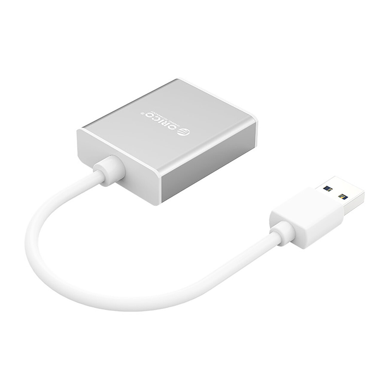 Srebrny adapter z logo \'Orico\' posiadający złącze USB-A 3.0 oraz kabel zakończony wtykiem HDMI.