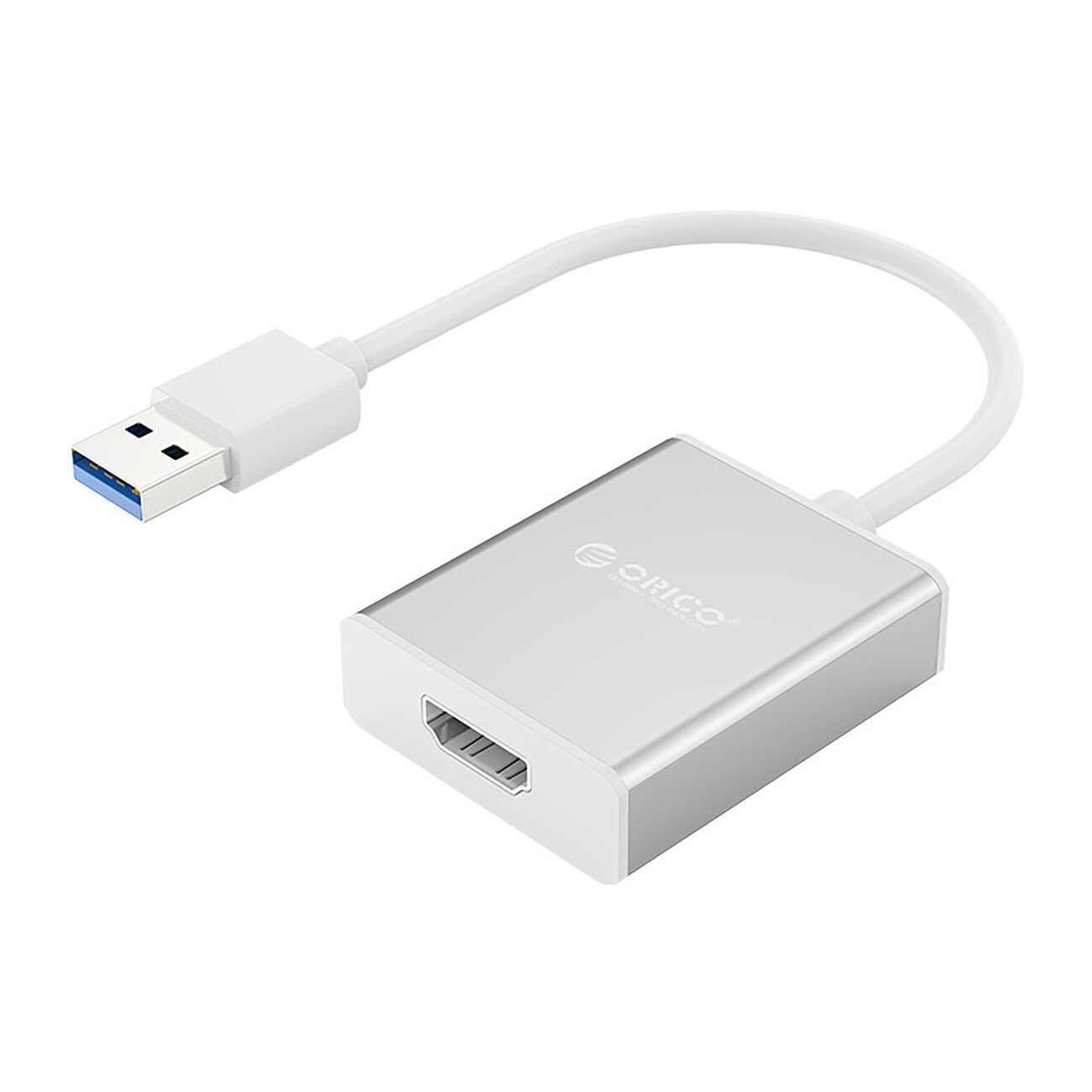 Srebrny adapter z logo \'Orico\', posiadający złącze USB-A 3.0 oraz port HDMI. Kabel jest biały, a obudowa adaptera ma prostokątny kształt.