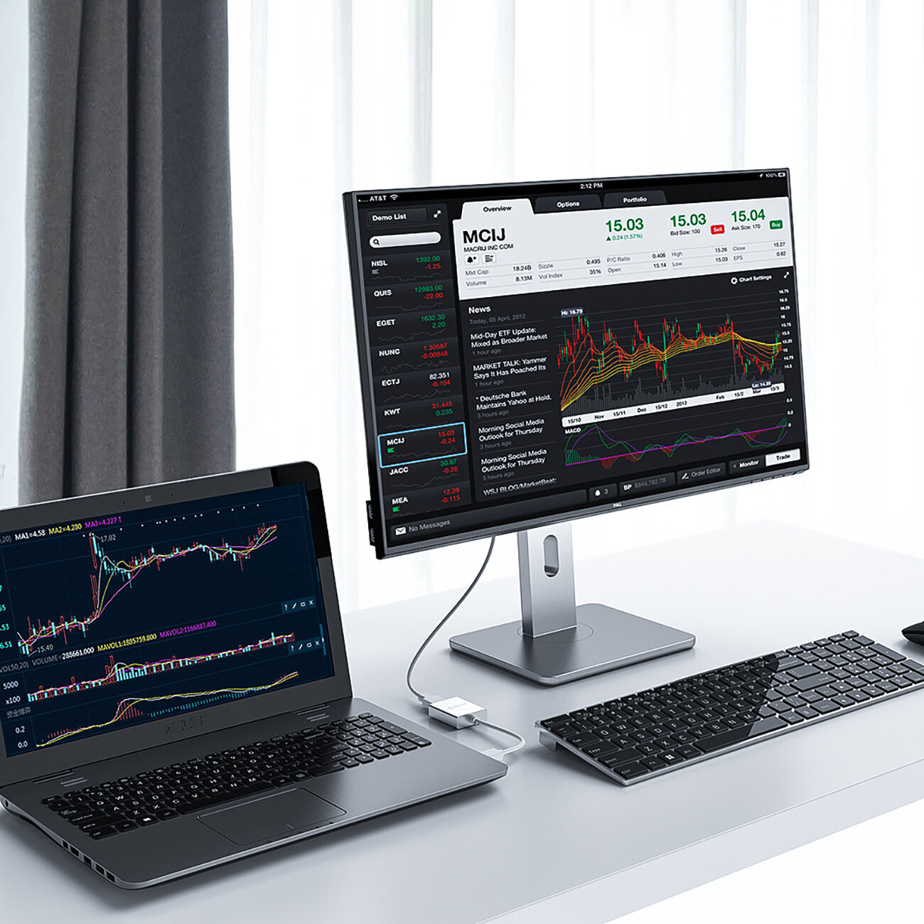 Na biurku znajdują się laptop i monitor, oba wyświetlają wykresy finansowe. Pomiędzy nimi widoczny jest srebrny adapter USB-A 3.0 do HDMI.