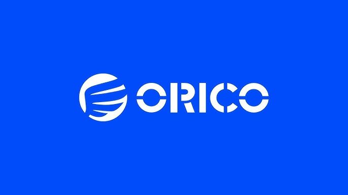 Logo Orico na niebieskim tle, składające się z białego symbolu i napisu ORICO.