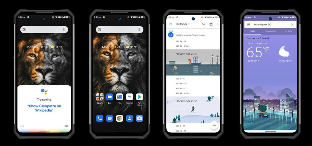 Cztery smartfony z wyświetlonymi ekranami: pierwszy pokazuje wyszukiwarkę Google z grafiką lwa, drugi ekran główny z ikonami aplikacji, trzeci kalendarz z miesiącami, a czwarty pogodę w Waszyngtonie z temperaturą 65°F i grafiką chmurki.