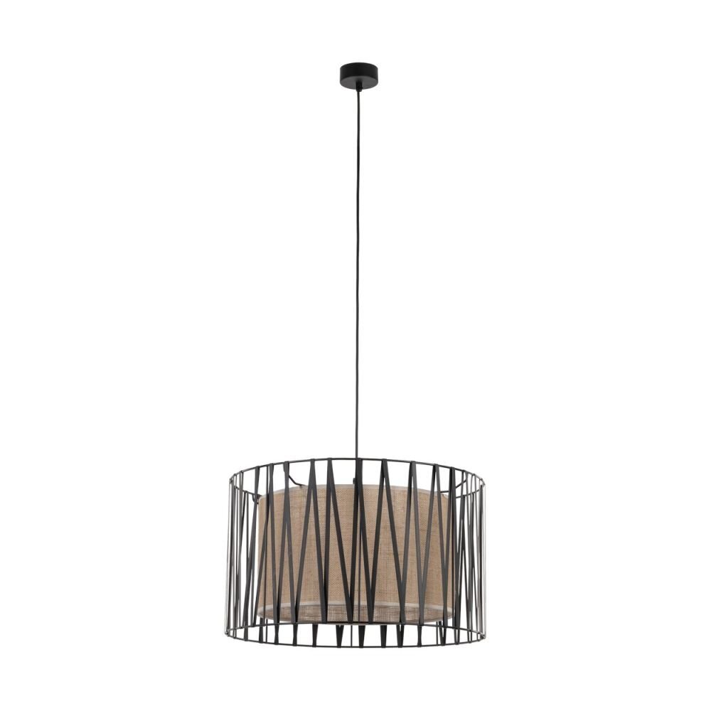 Lampa wisząca z czarno-brązowym kloszem, składająca się z metalowej konstrukcji zewnętrznej i wewnętrznego materiałowego abażuru. Lampa jest zawieszona na cienkim przewodzie z okrągłą podsufitką.