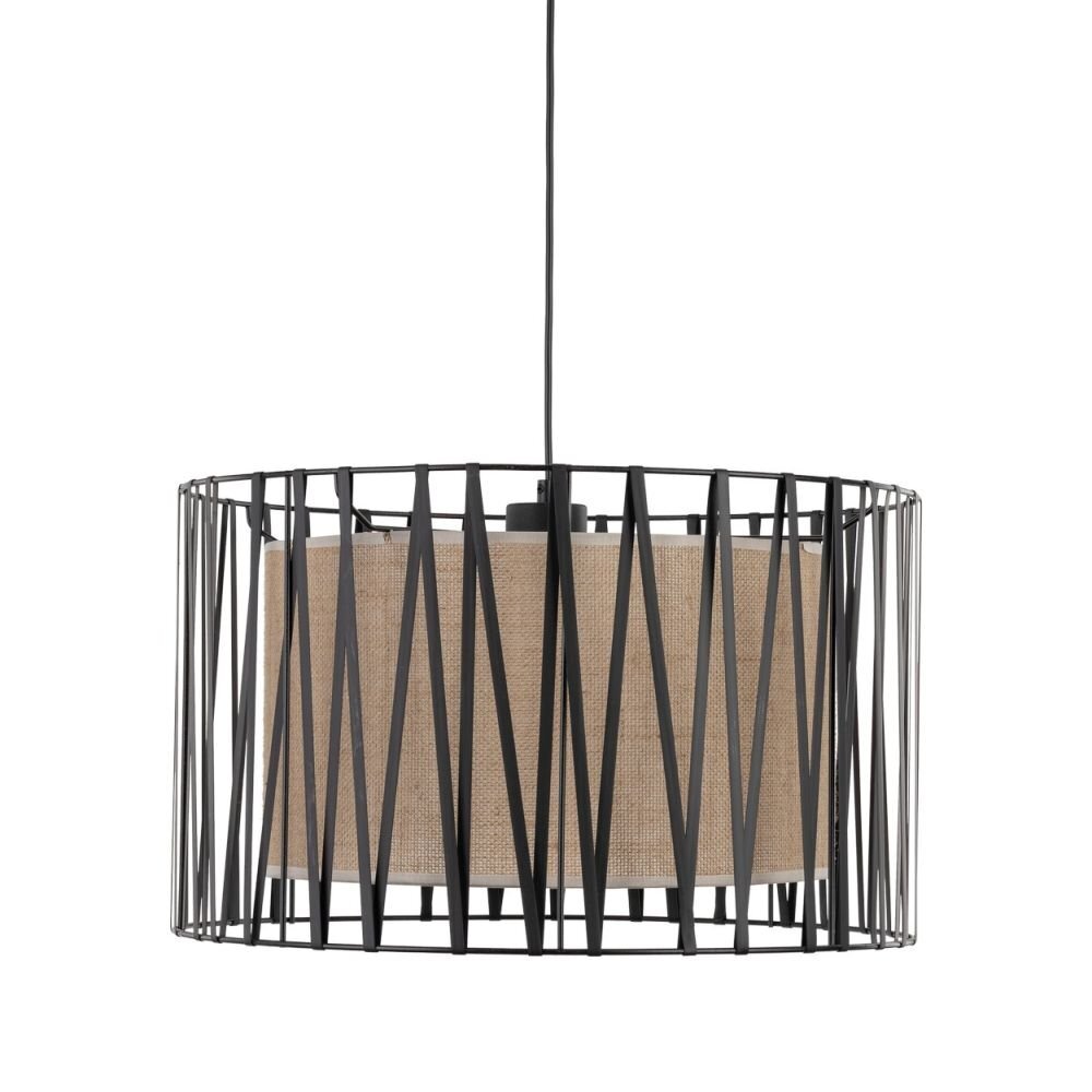 Lampa wisząca z czarnym metalowym stelażem o geometrycznym wzorze, otaczająca wewnętrzny abażur w kolorze brązowym. Lampa jest zawieszona na czarnym przewodzie.