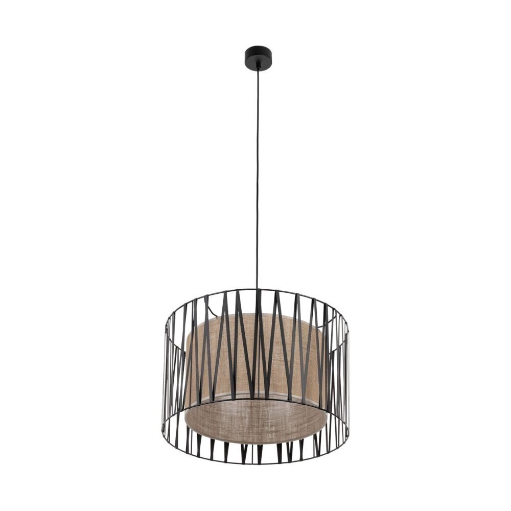 Lampa wisząca z czarno-brązowym kloszem, wykonana z metalowych prętów tworzących geometryczny wzór. Wewnątrz znajduje się materiałowy abażur w kolorze brązowym.