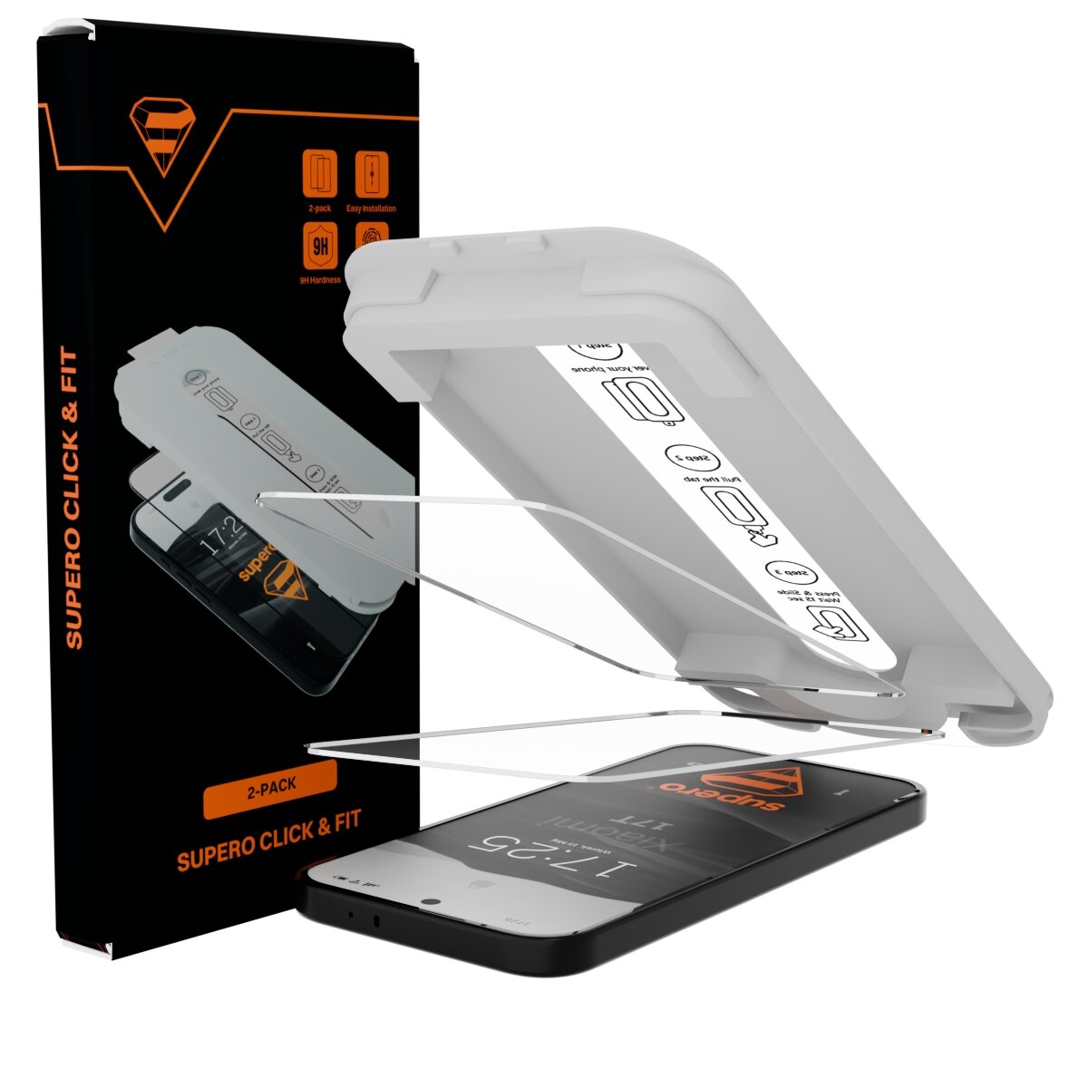 Obraz przedstawia opakowanie produktu z napisem \'SUPERO CLICK & FIT\' oraz aplikator do montażu szkła hartowanego na telefonie. Na opakowaniu widoczne są ikony i napisy: \'2-pack\', \'Easy installation\', \'9H glass protection\'.