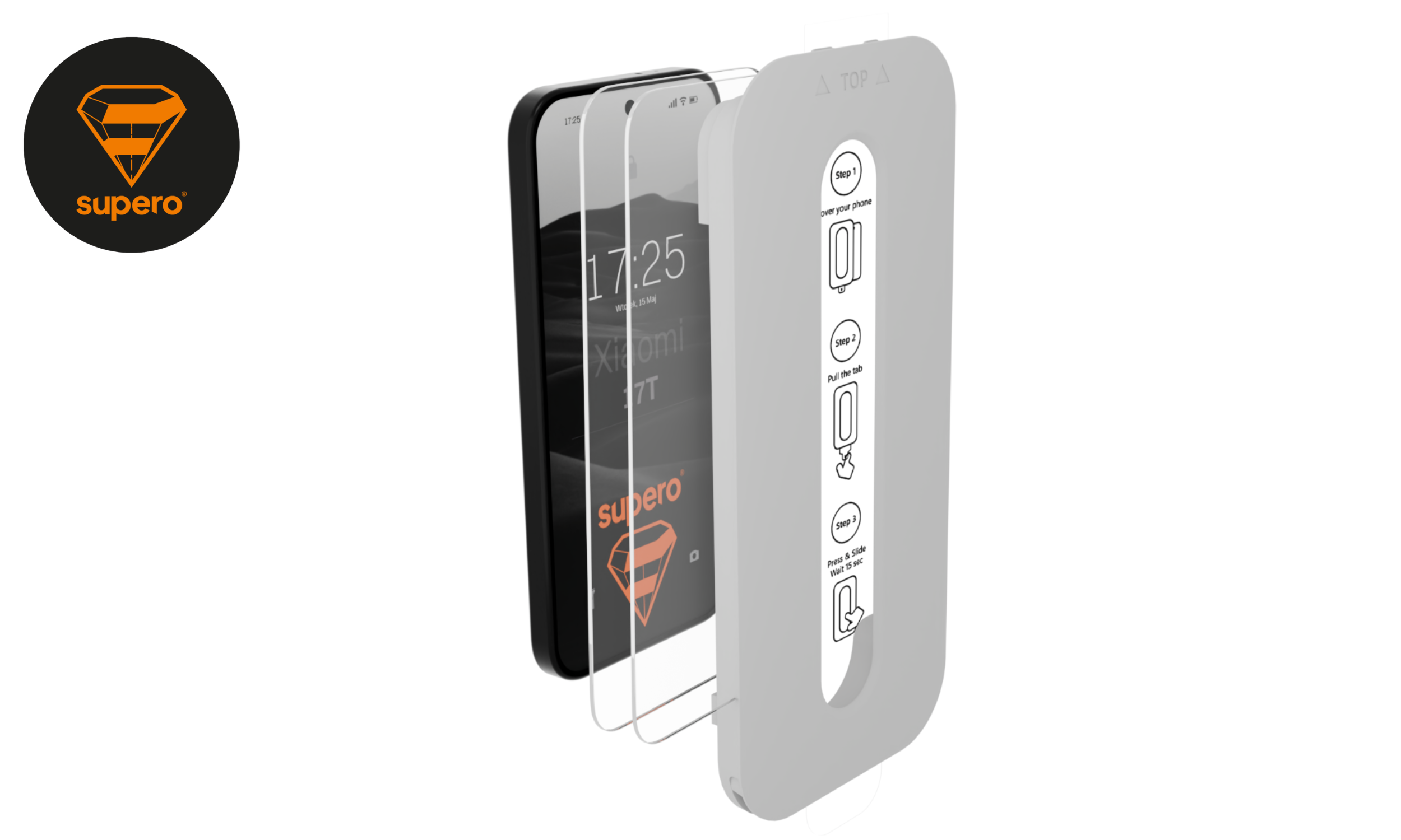 Obraz przedstawia telefon Xiaomi 17T Pro z nałożonym szkłem hartowanym oraz aplikatorem. Po lewej stronie widoczne jest logo \'supero\'.