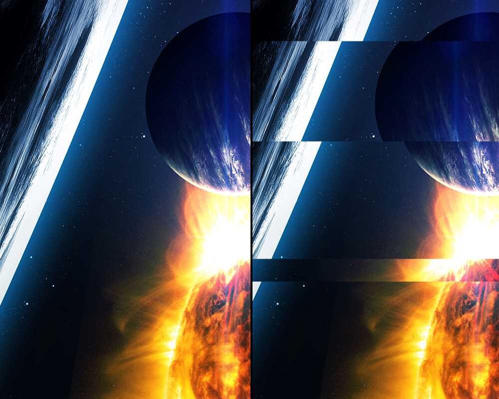 Obraz przedstawia kosmiczną scenę z planetą i jasnym wybuchem, z widocznymi zakłóceniami w postaci poziomych pasów. Kolory dominujące to niebieski, czarny i pomarańczowy.