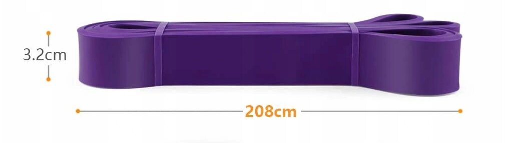 Fioletowa guma oporowa o długości 208 cm i szerokości 3.2 cm, zwinięta w pętlę.