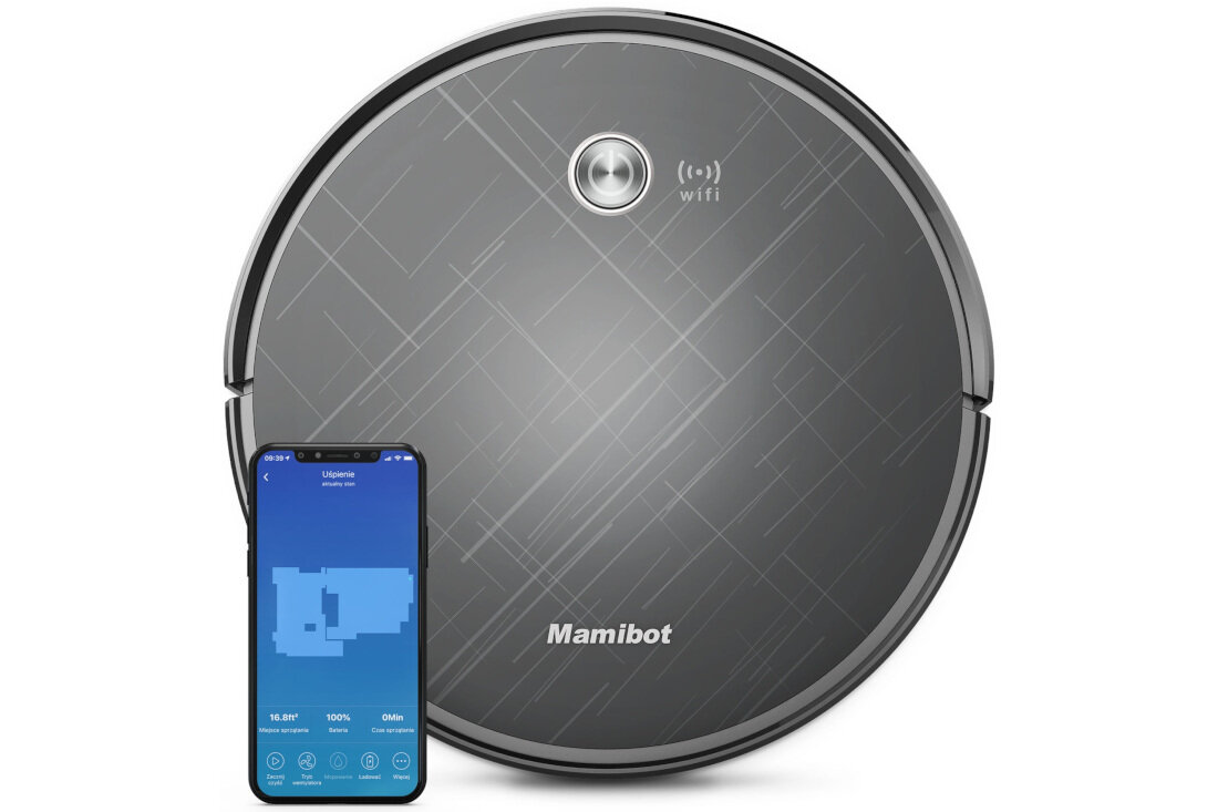 Na obrazie widoczny jest szary robot sprzątający z napisem \'Mamibot\' oraz smartfon z aplikacją pokazującą mapę pomieszczenia. Na robocie znajduje się symbol WiFi.