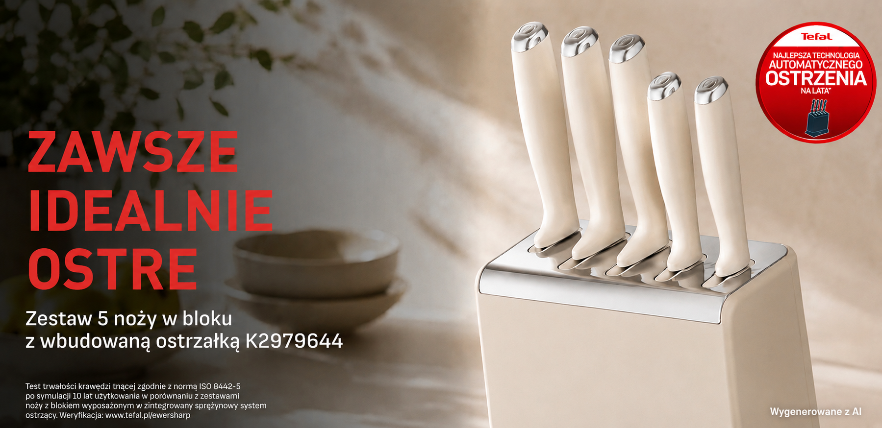 Stojak z pięcioma białymi nożami kuchennymi TEFAL EverSharp Pro K2979644 umieszczonymi w bloku z wbudowaną ostrzałką.