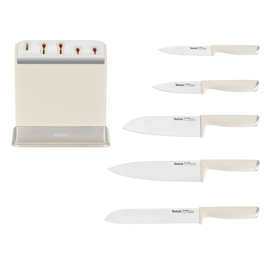 Zestaw noży kuchennych z białymi rękojeściami i blokiem z wbudowaną ostrzałką. Na nożach widoczny jest napis \'Tefal EverSharp\'.