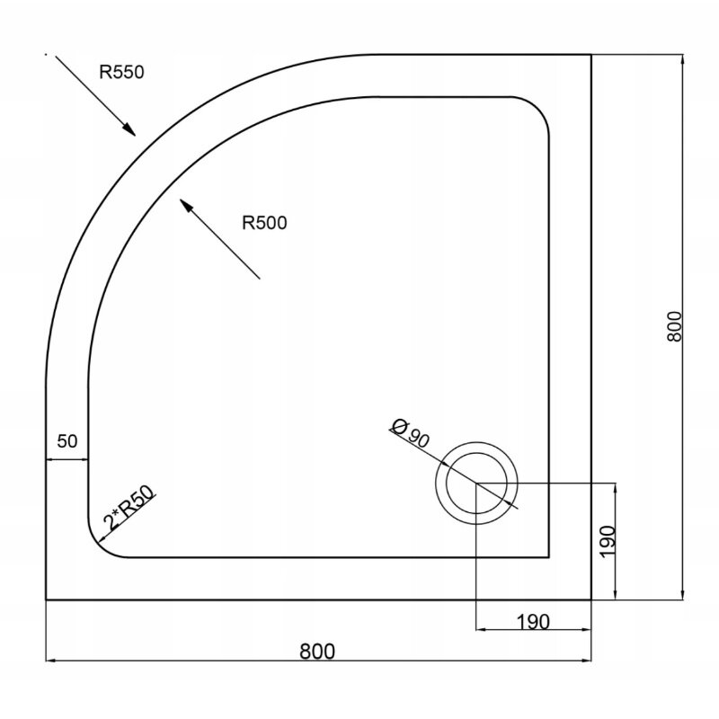 Rysunek techniczny półokrągłego brodzika prysznicowego z wymiarami: 800x800 mm, promienie R550 i R500, oraz otworem odpływowym o średnicy Ø90 mm.
