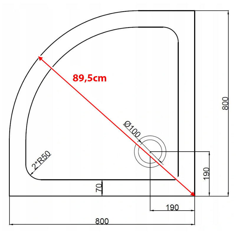 Rysunek techniczny półokrągłego brodzika prysznicowego z wymiarami: 800 mm na 800 mm, z zaznaczoną przekątną 89,5 cm. Widoczne są również inne wymiary, takie jak 70 mm, 190 mm oraz średnica odpływu Ø100 mm.