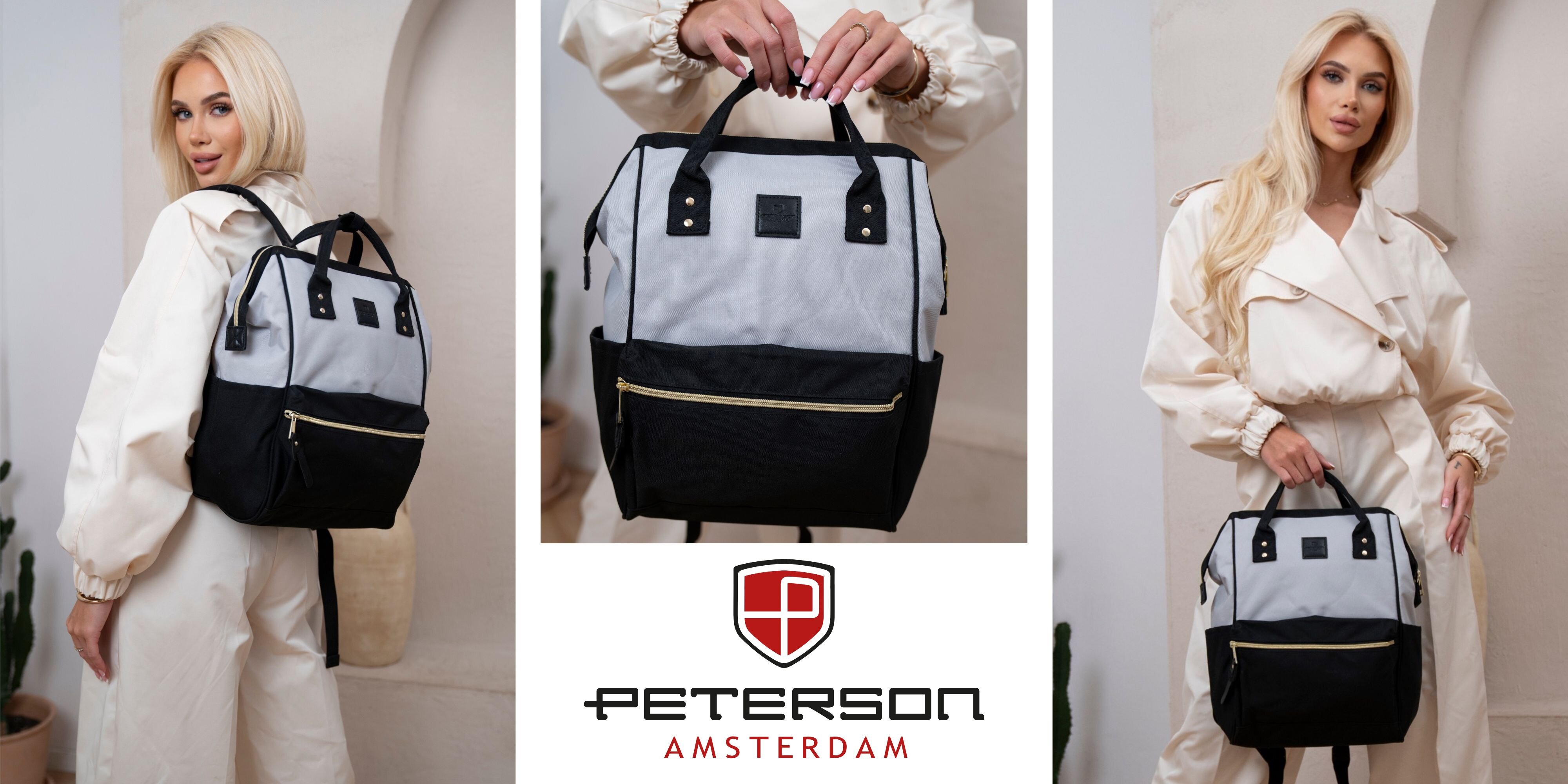 Na obrazie widoczny jest czarno-szary plecak z portem USB, trzymany przez osobę ubraną w jasne ubranie. Na środku znajduje się logo \'Peterson Amsterdam\'.