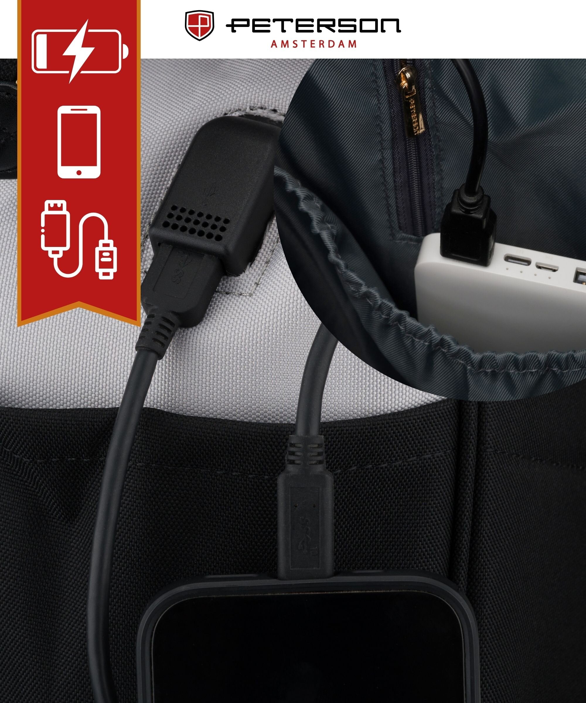 Obraz przedstawia czarno-szary plecak z portem USB, do którego podłączony jest kabel ładujący. Widoczne jest logo \'Peterson Amsterdam\' oraz ikony związane z ładowaniem urządzeń.