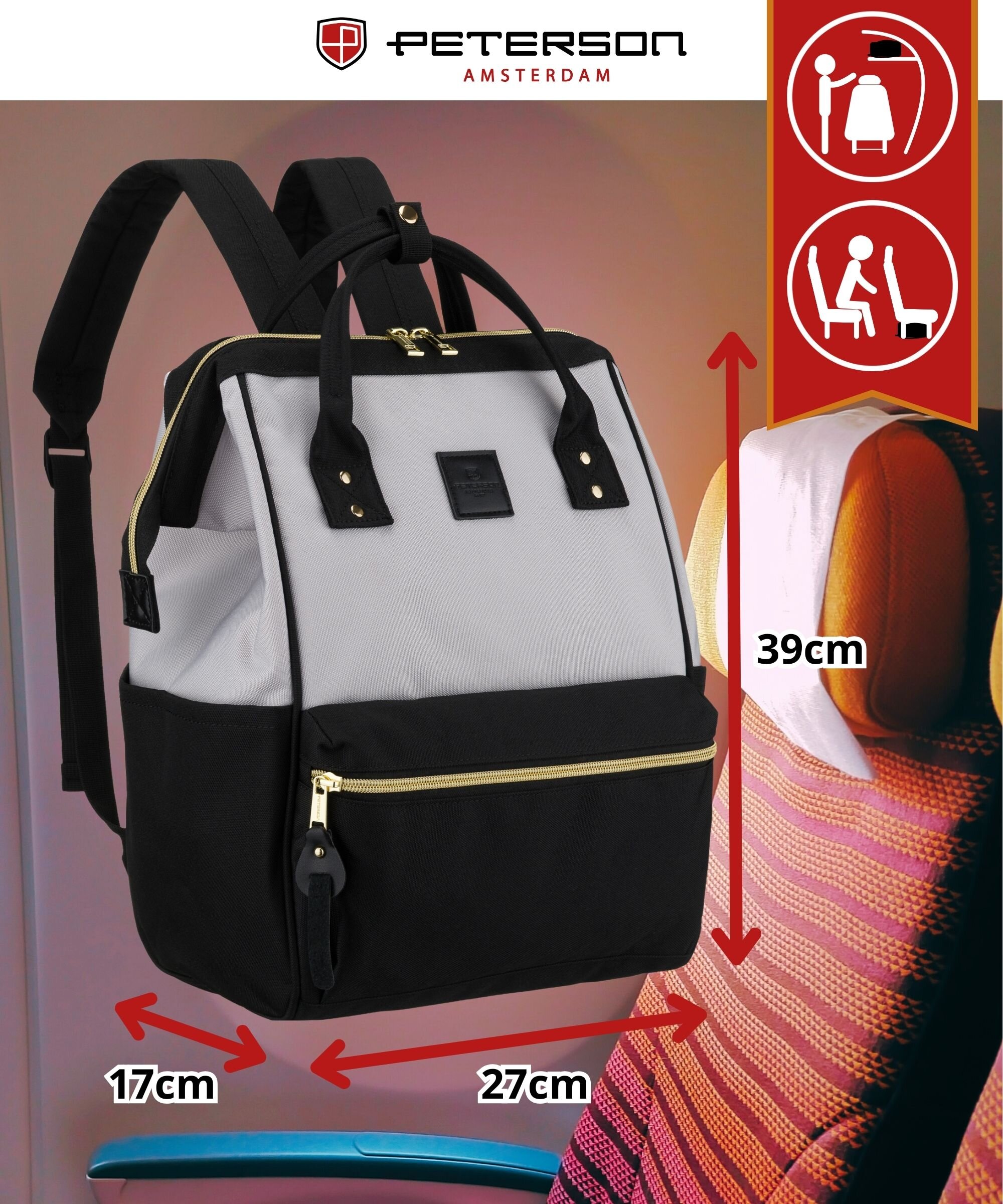 Na obrazie widoczny jest czarno-szary plecak z portem USB, z logo \'PETERSON AMSTERDAM\' u góry. Obok plecaka znajdują się wymiary: 17 cm, 27 cm i 39 cm oraz piktogramy przedstawiające zasady użytkowania.