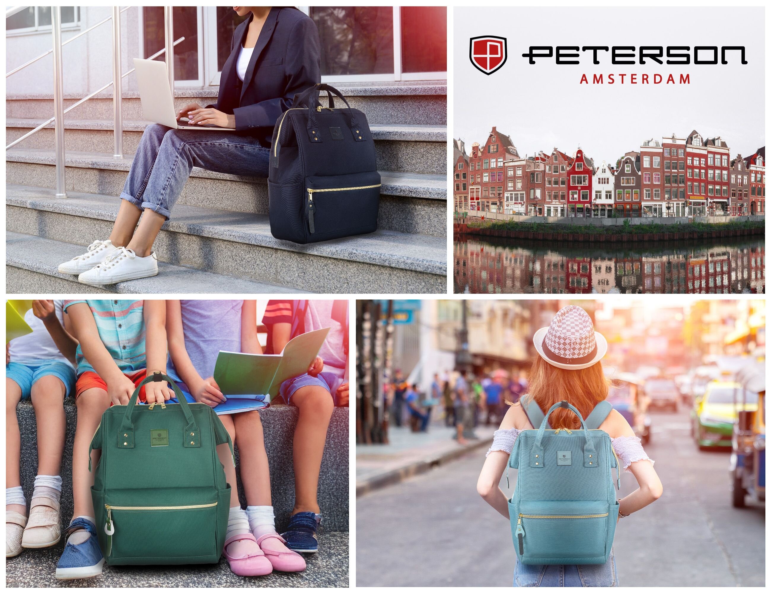 Na obrazie widoczne są różne osoby z plecakami w miejskim otoczeniu oraz logo \'PETERSON AMSTERDAM\'. Plecaki mają różne kolory, w tym zielony i niebieski, i są noszone w różnych sytuacjach, takich jak siedzenie na schodach czy spacer po ulicy.