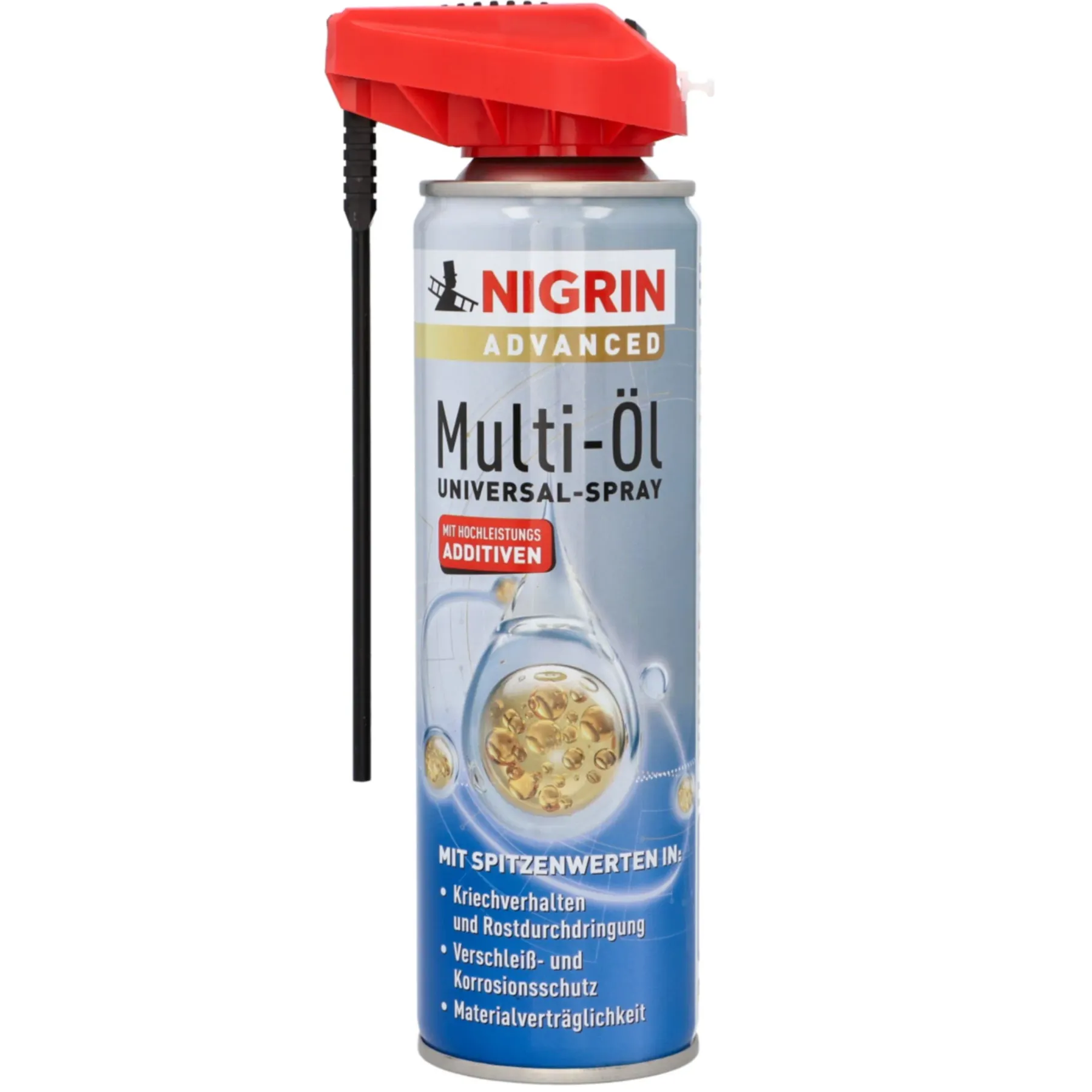 Puszka z czerwonym aplikatorem i długą rurką, na której widnieje logo \'NIGRIN ADVANCED\'. Na etykiecie napis \'Multi-Öl Universal-Spray\' oraz informacje o właściwościach produktu w języku niemieckim.