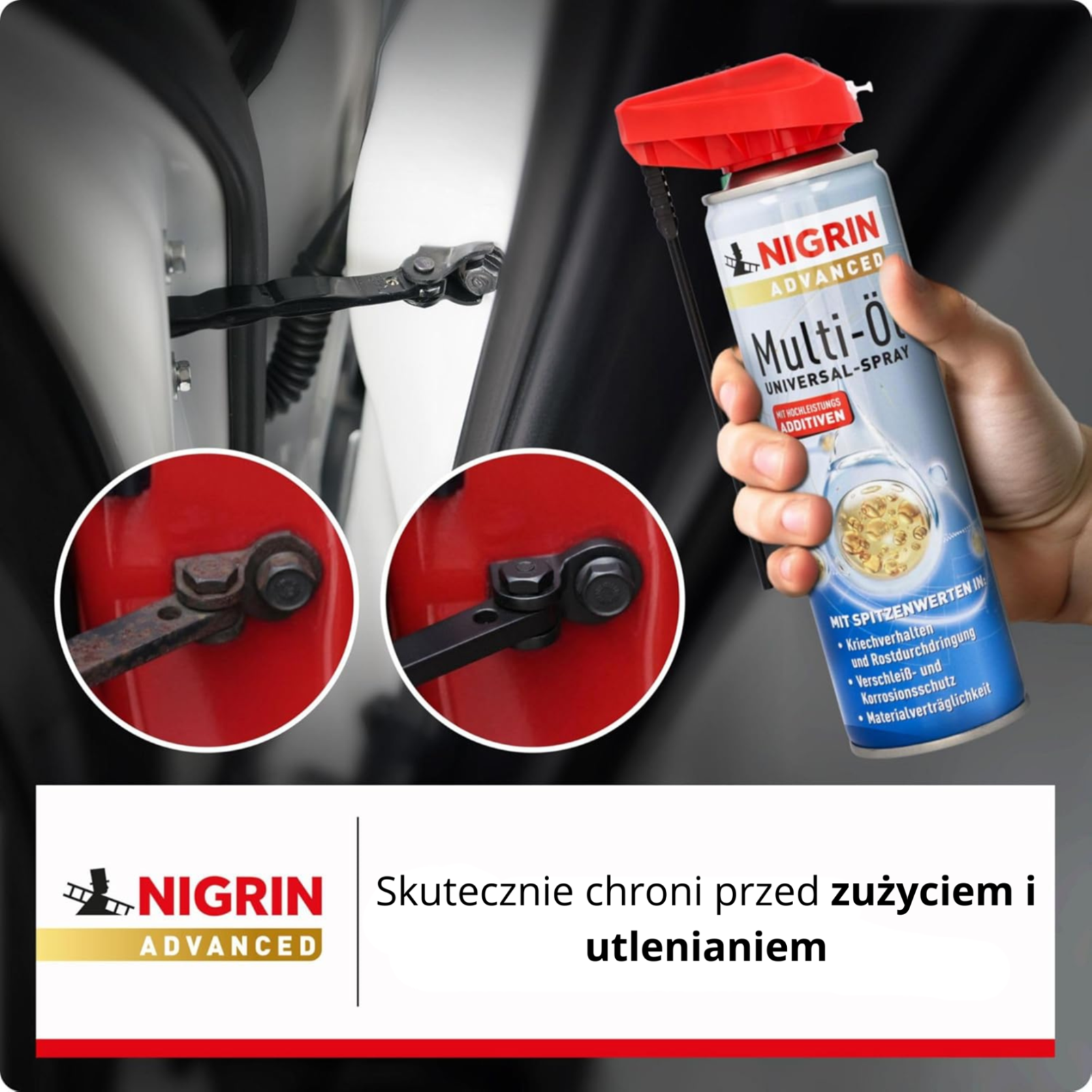 Obraz przedstawia rękę trzymającą puszkę z napisem \'NIGRIN ADVANCED Multi-Öl Universal-Spray\'. Na dole widnieje tekst: \'Skutecznie chroni przed zużyciem i utlenianiem\'.