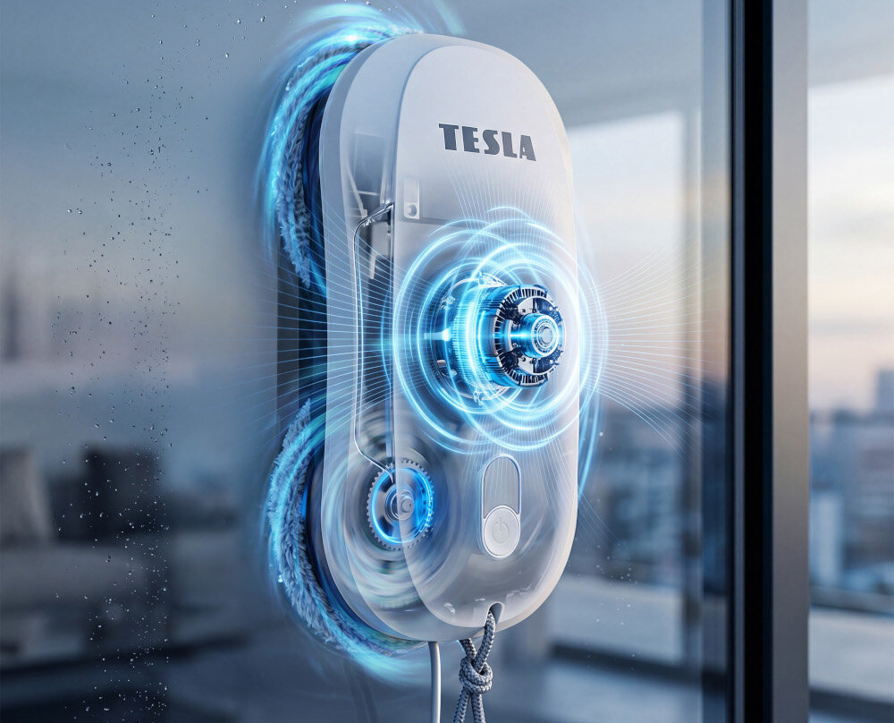 Na obrazie widoczny jest robot do mycia okien przymocowany do szyby, z widocznymi niebieskimi efektami świetlnymi wokół jego elementów. Na urządzeniu znajduje się logo \'TESLA\'.