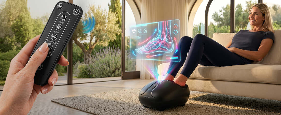 Osoba siedzi na sofie z nogami w urządzeniu do masażu stóp, obok widoczny jest pilot z przyciskami. W tle widać hologram przedstawiający stopę z ikonami serca i innych symboli.