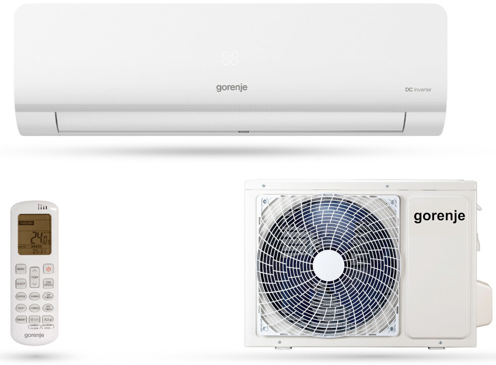 Na obrazie widoczny jest biały klimatyzator split z logo \'gorenje\', jednostka zewnętrzna z wentylatorem oraz pilot z wyświetlaczem pokazującym temperaturę 24°C.