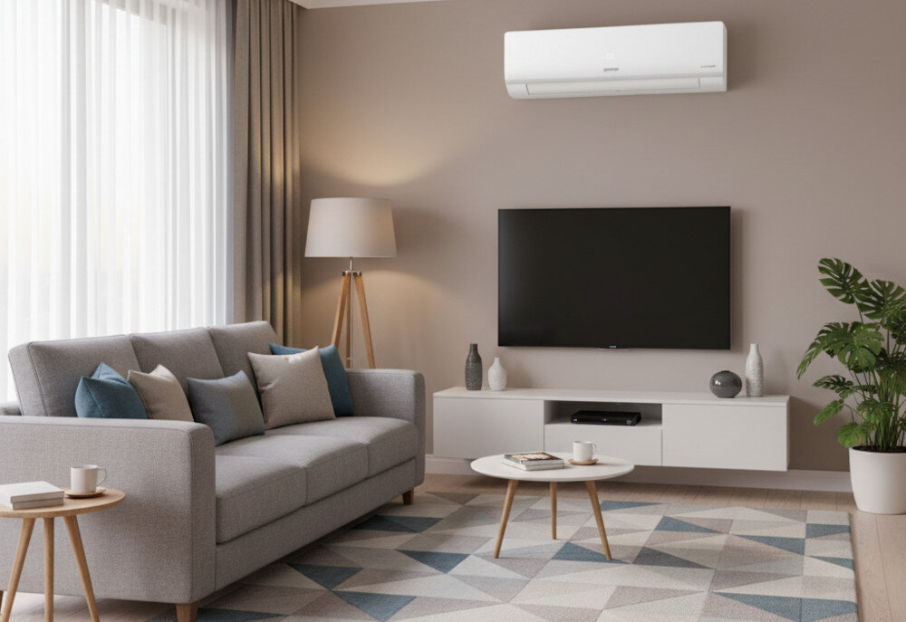 W salonie znajduje się klimatyzator ścienny z logo Gorenje, zamontowany nad telewizorem. Pomieszczenie jest urządzone w nowoczesnym stylu z szarą sofą, lampą stojącą i rośliną w doniczce.