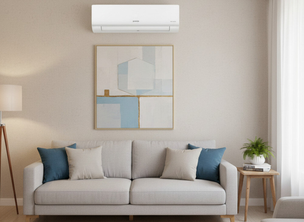 Na ścianie nad sofą wisi klimatyzator z logo \'Gorenje\'. Pod nim znajduje się obraz z geometrycznymi kształtami w odcieniach niebieskiego i beżu.