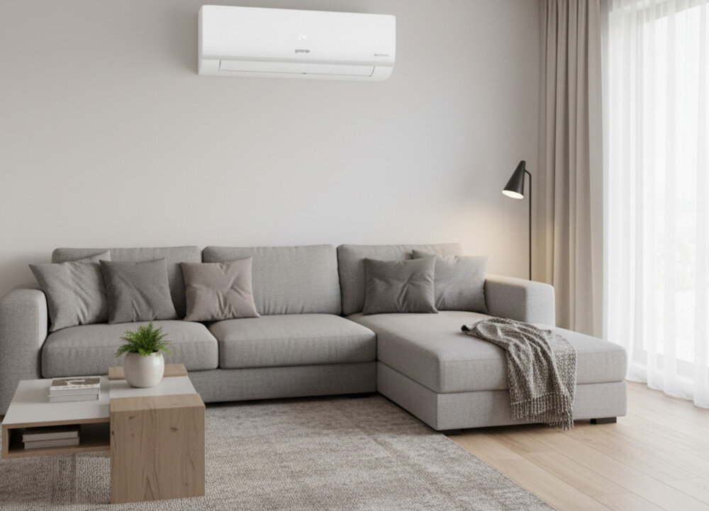 W salonie znajduje się szara sofa narożna z kilkoma poduszkami, obok której stoi stolik z rośliną. Na ścianie zamontowany jest biały klimatyzator z logo \'gorenje\'.