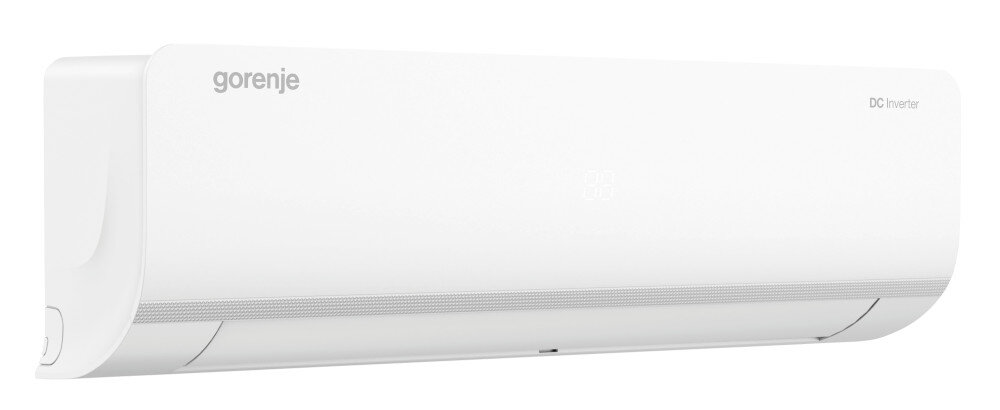 Biały klimatyzator ścienny z widocznym logo \'gorenje\' oraz napisem \'DC Inverter\'. Urządzenie ma prosty, nowoczesny design z delikatnym wzorem na przednim panelu.