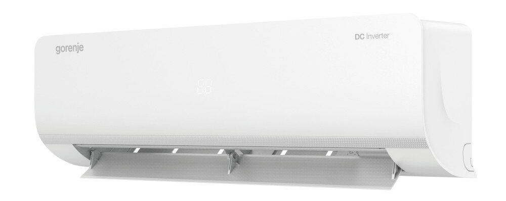 Biały klimatyzator ścienny z widocznym logo \'gorenje\' i napisem \'DC Inverter\'. Urządzenie ma otwarte żaluzje wylotowe powietrza.