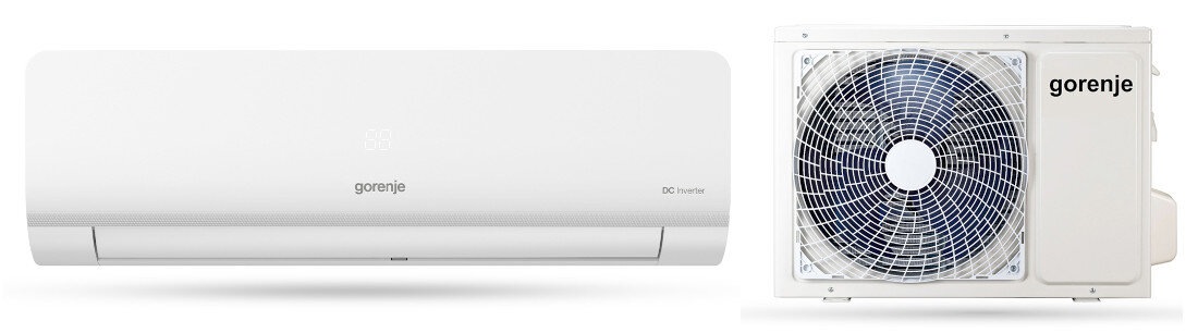 Na obrazie widoczny jest biały klimatyzator split z logo \'gorenje\' oraz jednostka zewnętrzna z widocznym wentylatorem i tym samym logo.