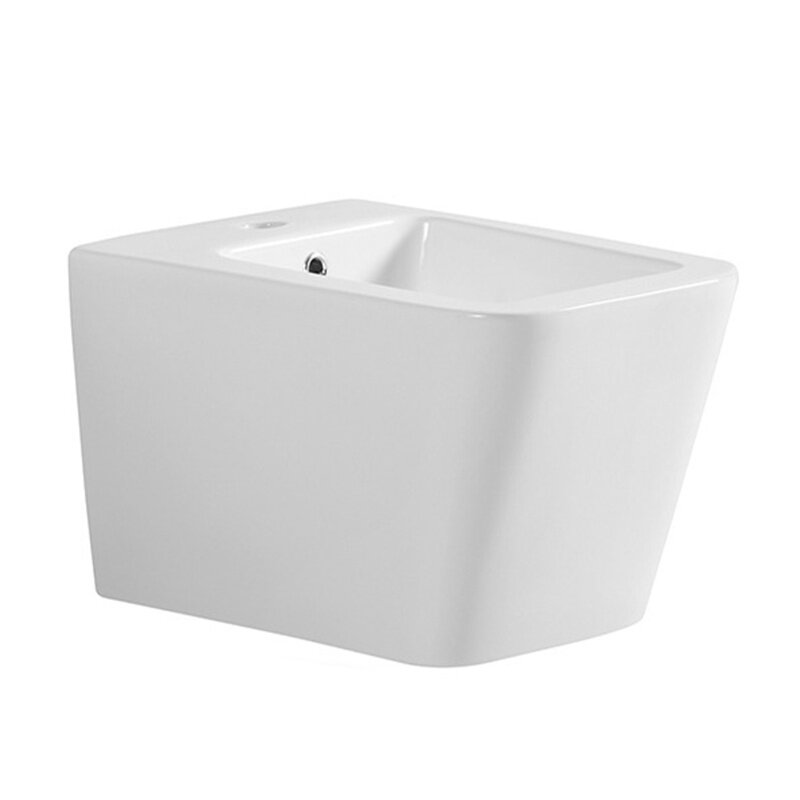 Na obrazie widoczny jest biały bidet o prostokątnym kształcie z zaokrąglonymi krawędziami. Bidet ma otwór na baterię i odpływ umieszczony w środku.