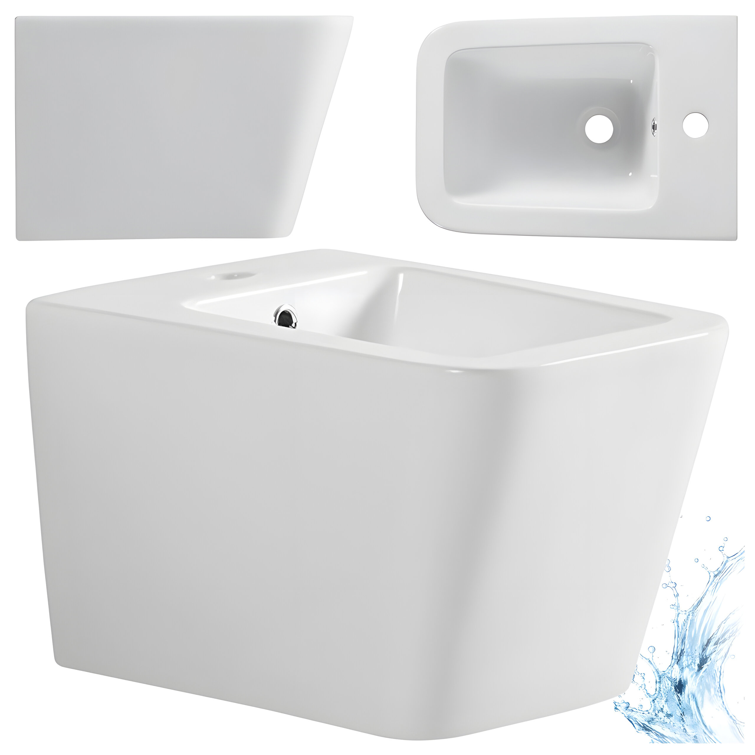 Biały bidet o nowoczesnym, prostokątnym kształcie z otworem na baterię i odpływem. Obok bidetu widoczna jest grafika przedstawiająca rozprysk wody.