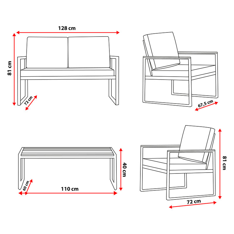 Schemat przedstawia wymiary zestawu mebli ogrodowych, w tym sofy, foteli i stolika. Wymiary to: sofa 128 cm x 81 cm x 72 cm, fotel 67,5 cm x 81 cm x 72 cm, stolik 110 cm x 40 cm x 60 cm.